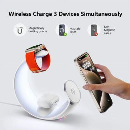 MagSafe Wireless Charger with RGB Moon Night Light - AirPods, Apple Watch and Phone Holder for iPhone, Samsung, iWatch, Ideal for Bedroom and Office