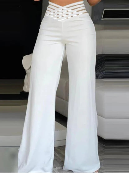 Elegant High Waist Flared Pants: Office Casual Crisscross Sheer Mesh Patch Trousers - Women's Fashion