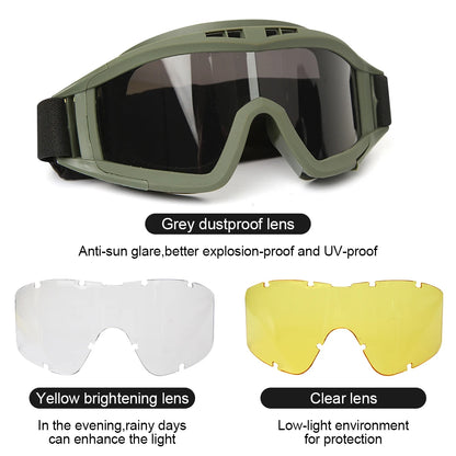 JSJM Airsoft Tactical Goggles: 3 Lens Windproof Dustproof Shooting Motocross Motorcycle Glasses - CS Safe Protection for Mountaineering