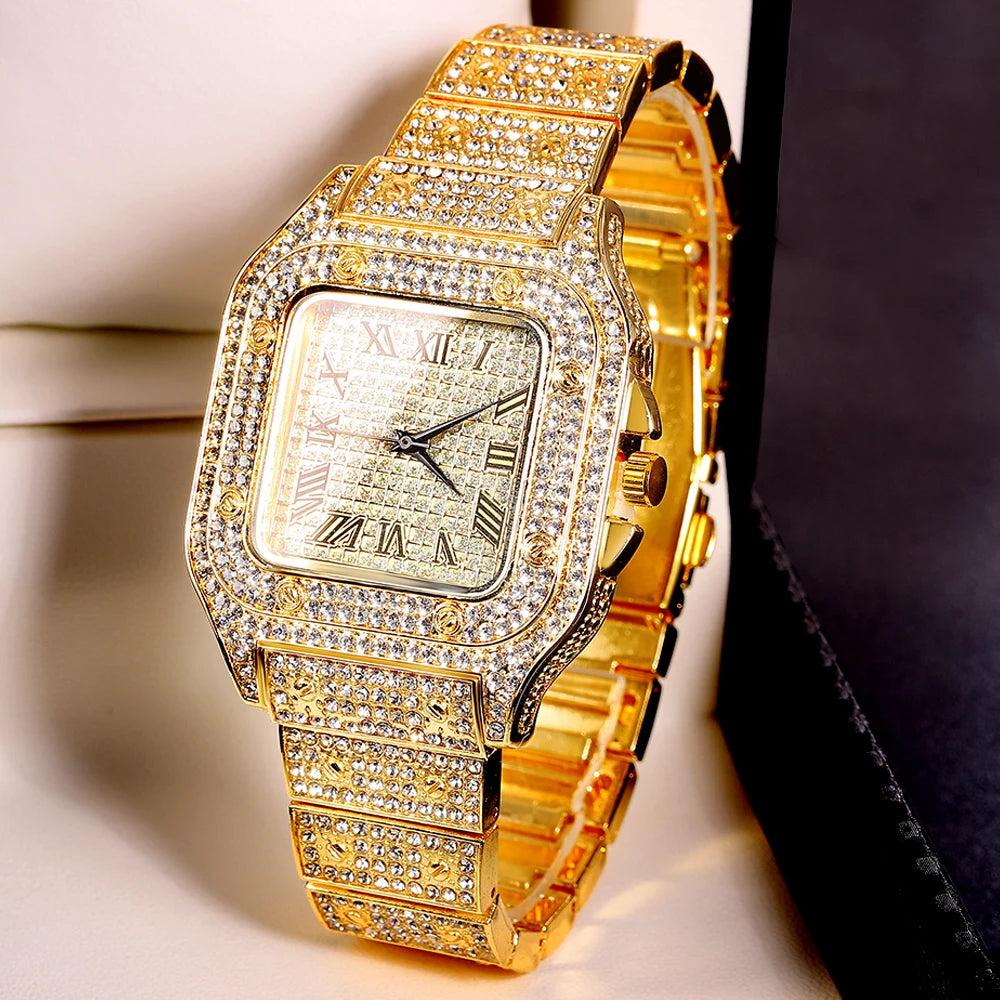 Gold Color Cuban Chain Watch for Men - Hip Hop Miami Curb, Iced Out Rhinestones, Bling Rapper Necklace with Watch and Bracelet Jewelry