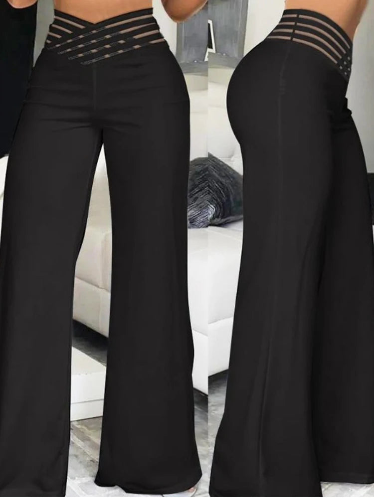 Elegant High Waist Flared Pants: Office Casual Crisscross Sheer Mesh Patch Trousers - Women's Fashion