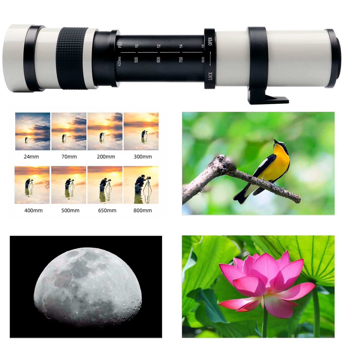 Lightdow 420-800mm F8.3-16 Super Telephoto Manual Zoom Lens with T2 Ring Adapter - Compatible with Sony, Canon, Nikon, Pentax, Olympus Cameras