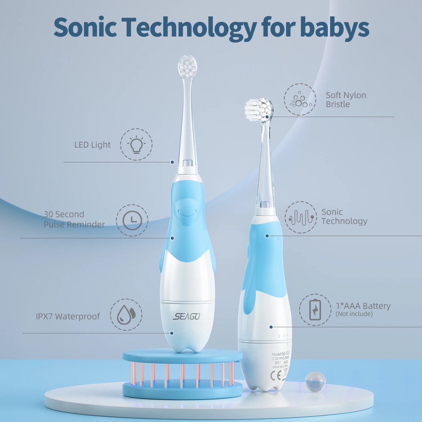 Seago Kids Electric Toothbrush: Sonic Toothbrush with Observing Light & Smart Timer - Replaceable Brush Head, Waterproof Design