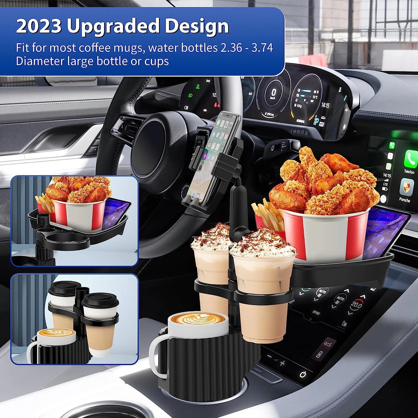 360 Degree Rotation Car Cup Holder Tray - Adjustable Car Tray Table with Phone Slot, Food Table Organizer, Drink Holder Accessories