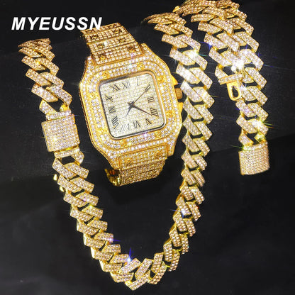 Gold Color Cuban Chain Watch for Men - Hip Hop Miami Curb, Iced Out Rhinestones, Bling Rapper Necklace with Watch and Bracelet Jewelry