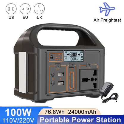 100W Portable Power Station – 24000mAh Solar Power Generator with 220V/110V, 76.8Wh LiFePO4 Battery for Camping and Travel