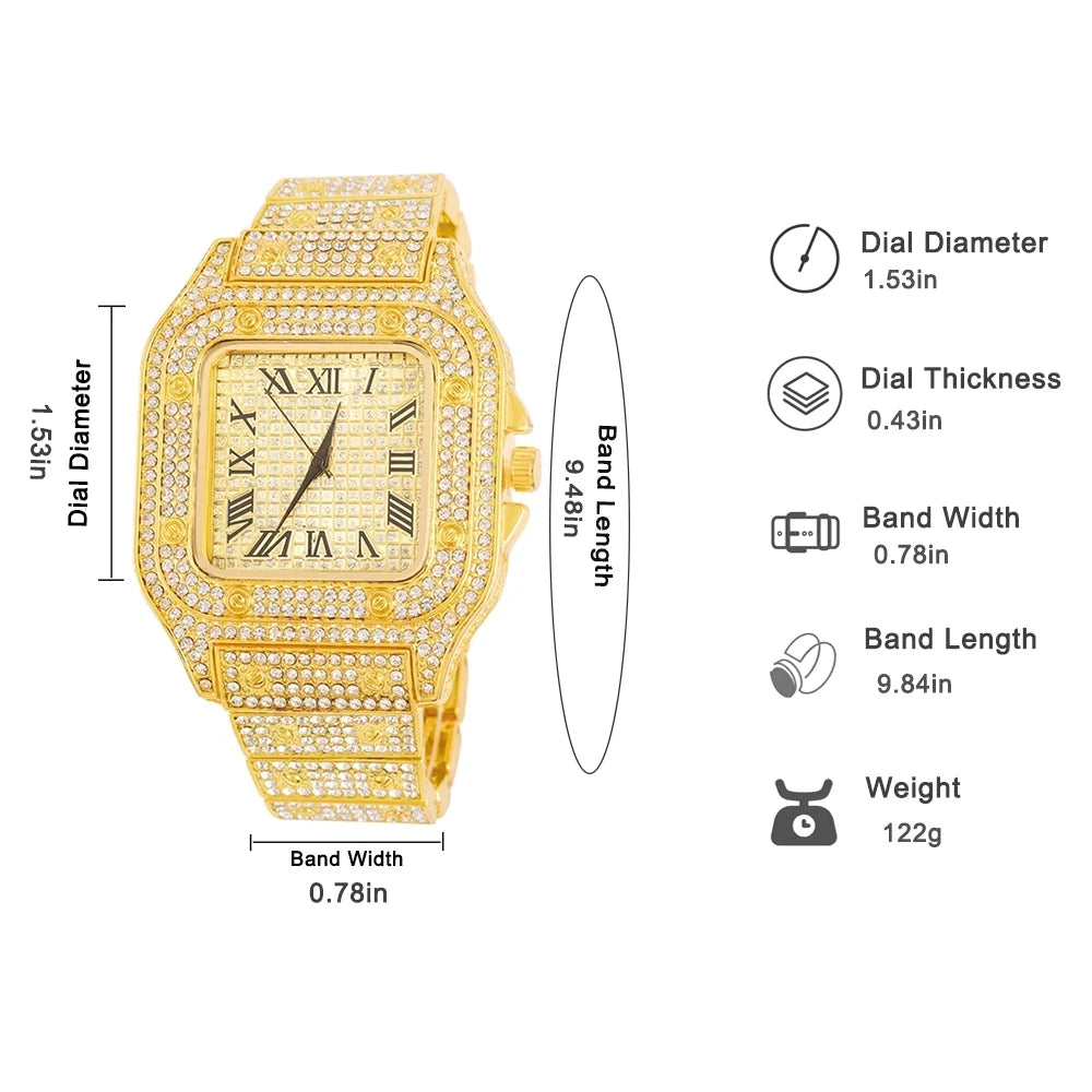 Gold Color Cuban Chain Watch for Men - Hip Hop Miami Curb, Iced Out Rhinestones, Bling Rapper Necklace with Watch and Bracelet Jewelry