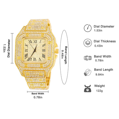 Gold Color Cuban Chain Watch for Men - Hip Hop Miami Curb, Iced Out Rhinestones, Bling Rapper Necklace with Watch and Bracelet Jewelry