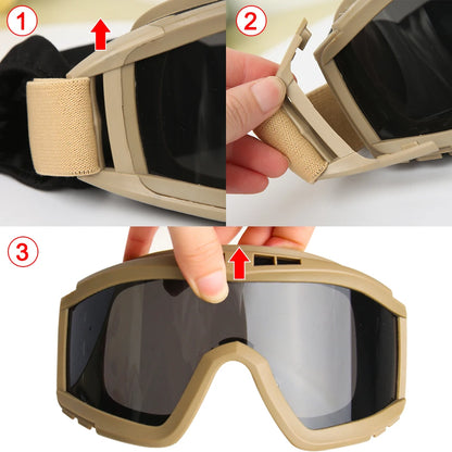 JSJM Airsoft Tactical Goggles: 3 Lens Windproof Dustproof Shooting Motocross Motorcycle Glasses - CS Safe Protection for Mountaineering