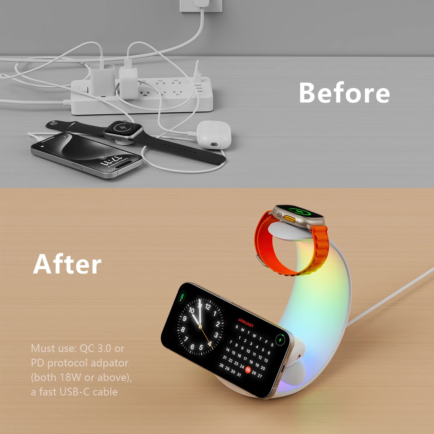 MagSafe Wireless Charger with RGB Moon Night Light - AirPods, Apple Watch and Phone Holder for iPhone, Samsung, iWatch, Ideal for Bedroom and Office