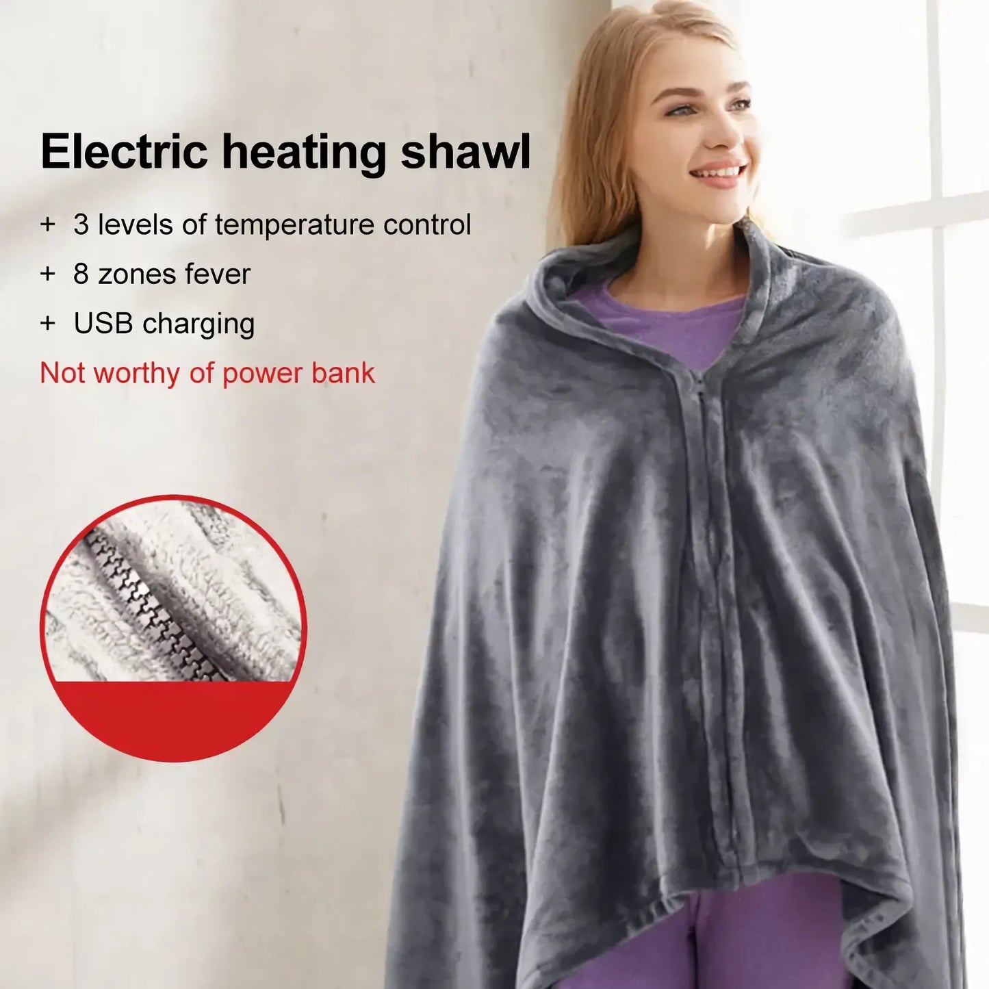 3-Heat Controller Coral Flannel Heated Shawl - 80x150cm Electric Heating Lap Blanket - Warm Winter Cape Blanket