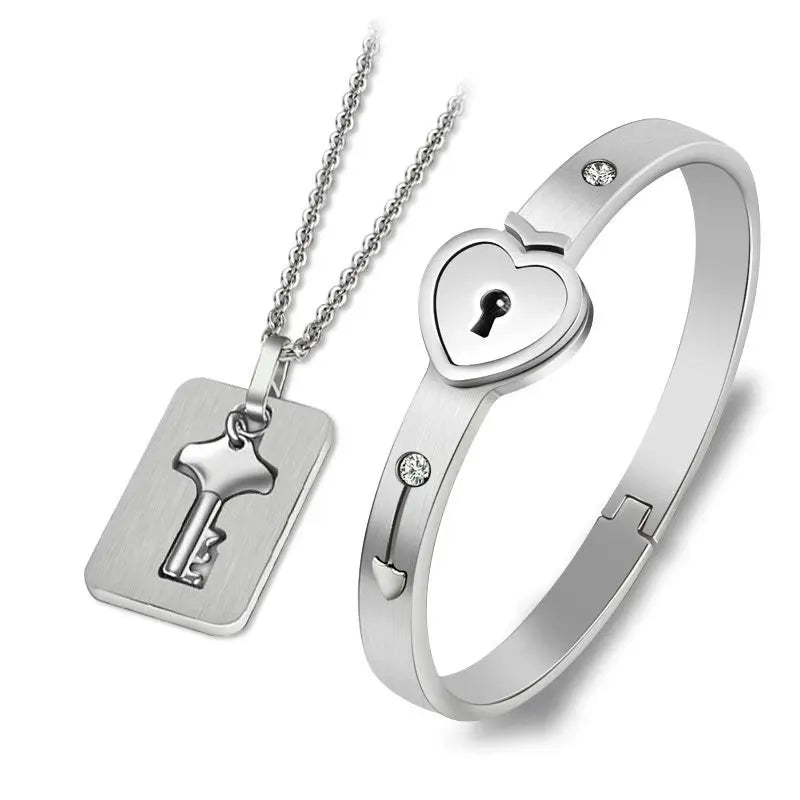 Stainless Steel Couple Jewelry Set - Love Heart Lock Bracelet with Key Pendant Necklace for Men and Women - Perfect Lover's Gift