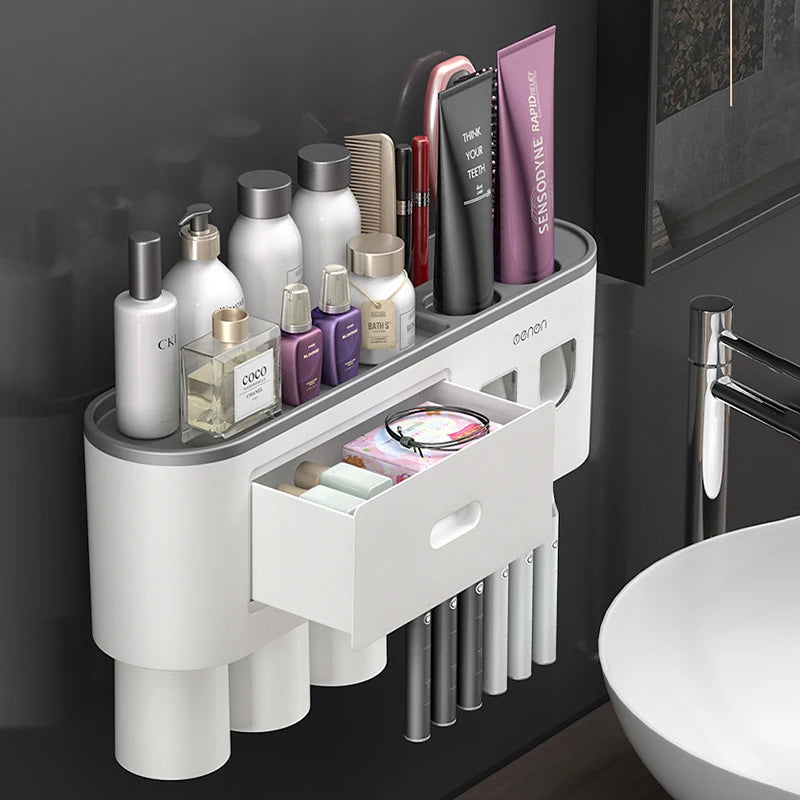 Wall-Mounted Toothbrush Holder with Dispenser: Punch-Free Bathroom Storage for Home - Waterproof Bathroom Accessories