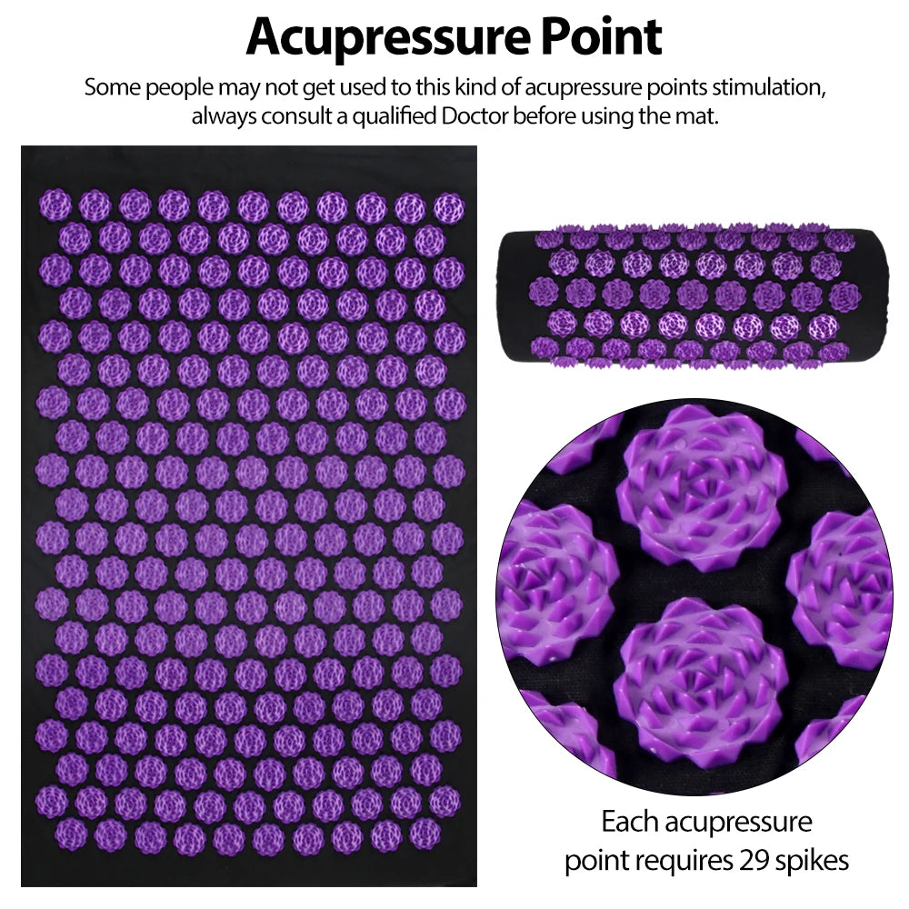 Acupressure Yoga Mat with Spikes - Kuznetsov's Applicator Cushion, Sensi Massage Body Needles, Includes Foot Massager Pillow for Fitness and Pilates