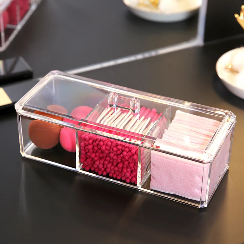 Transparent Cosmetic Storage Box - Three-Color Makeup Organizer for Cotton Swab and Cotton Pad Storage, Desktop Acrylic Material