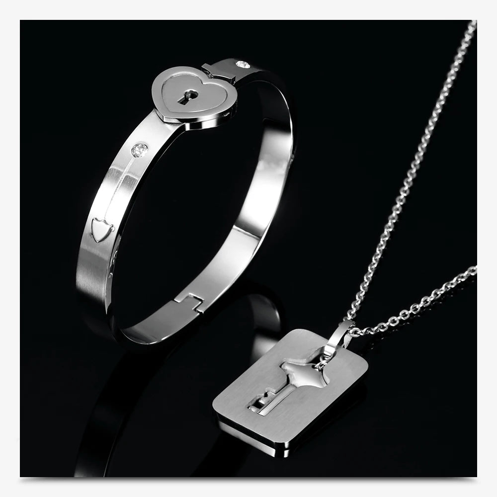 Stainless Steel Couple Jewelry Set - Love Heart Lock Bracelet with Key Pendant Necklace for Men and Women - Perfect Lover's Gift