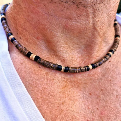 Men's African Beaded Necklace – Surfer Style Wooden Beach Jewelry – Perfect Gift for Men