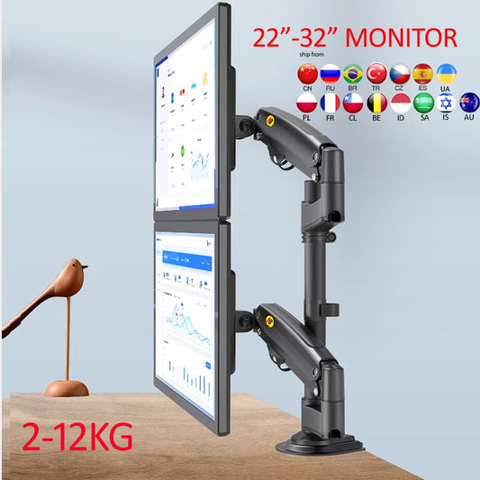 NB NEW H180 Double Monitor Desk Mount Arm Gas Spring Full Motion - Fits 22"-32" Screens, Supports 2-12kg, Dual Arm Clamp Bracket