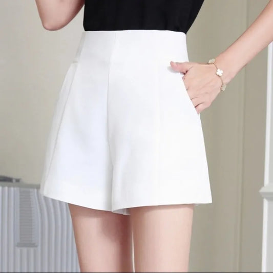 Spring Summer Women's Casual High Waist A-line Shorts - Loose Wide Leg Chiffon Shorts, Chic Black White Suit Shorts