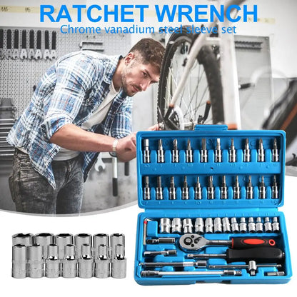 46-Piece Socket and Ratchet Spanner Wrench Set - Professional Car Repair Tool Kit with Screwdriver for Metalworking