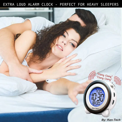 Digital Alarm Clock with Time and Date Display - Twin Bell, Very Loud for Heavy Sleepers, Dual Alarm with Blue Backlight - Ideal for Teens