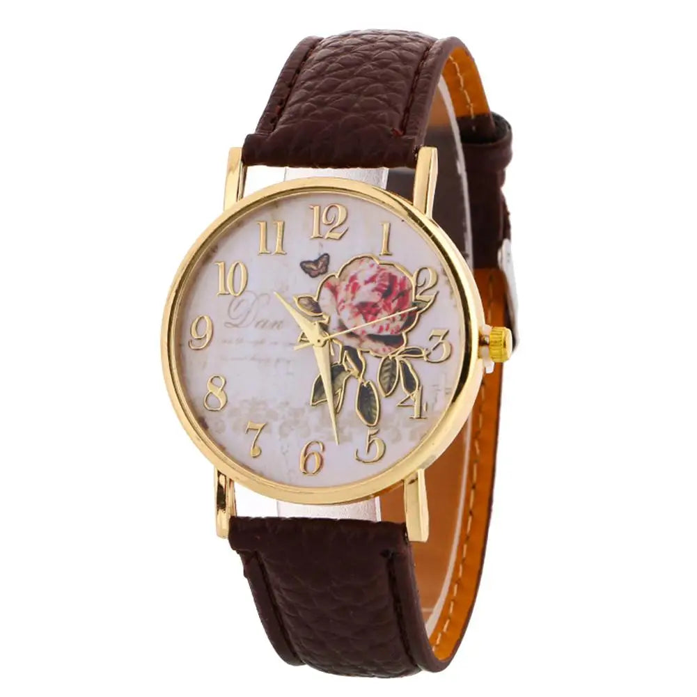 Rose Flower Round Dial Watch – Elegant Women’s Quartz Wristwatch with Faux Leather Band and Arabic Numbers – Montre Femme, Perfect Christmas Gift