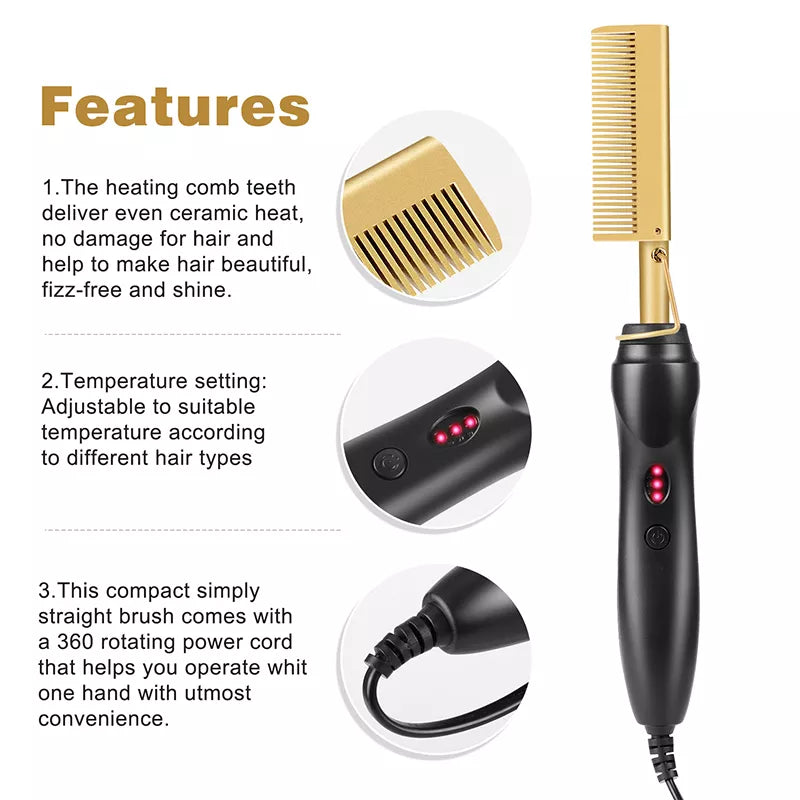 2 in 1 Electric Hot Heating Comb: Hair Straightener Curler Wet Dry Hair Iron - Straightening Brush Styling Tool