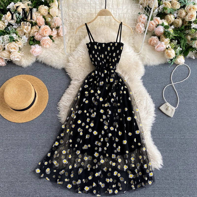 Korean Chic: YuooMuoo Daisy Flower Print Mesh Party Dress - Summer Spaghetti Strap Midi Dress, Two Layers, Beach Vacation Vestidos