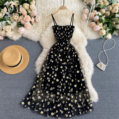 Korean Chic: YuooMuoo Daisy Flower Print Mesh Party Dress - Summer Spaghetti Strap Midi Dress, Two Layers, Beach Vacation Vestidos