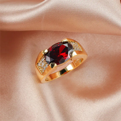 Luxury Oval Zircon Engagement Ring - Red Crystal Stone, 18KT Yellow Gold Colored Thin Wedding Ring for Men and Women