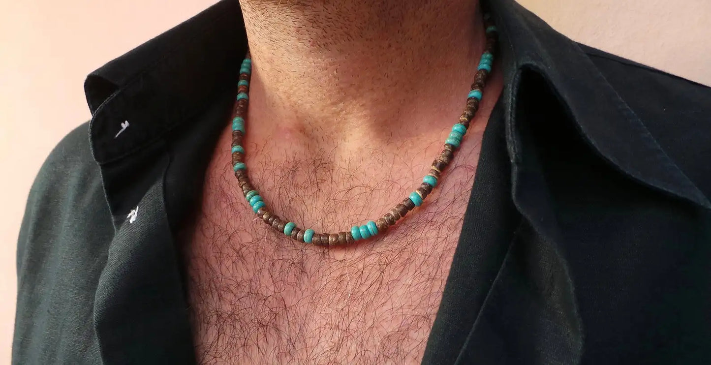 Men's African Beaded Necklace – Surfer Style Wooden Beach Jewelry – Perfect Gift for Men