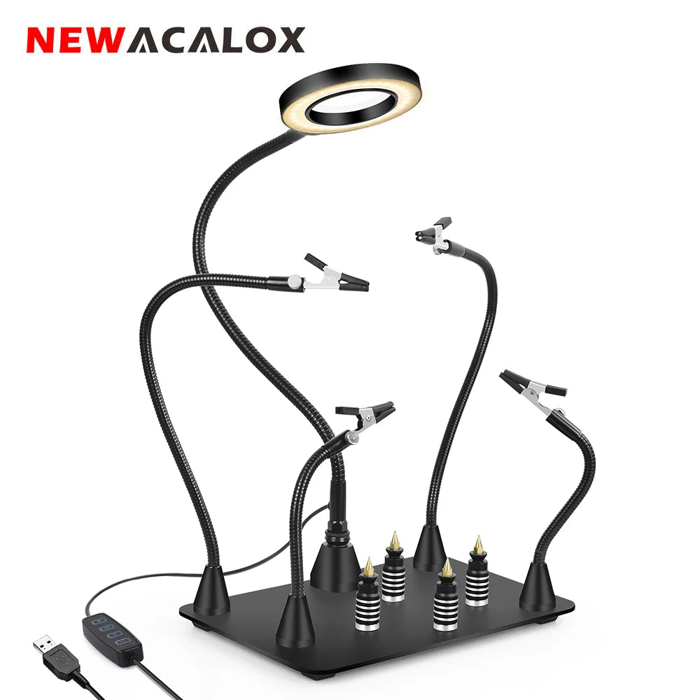 NEWACALOX Third Pana Hand Hot Air Gun Frame - PCB Board Holder, Heat Gun Stand, Soldering Tool with 3X LED Magnifying Glass