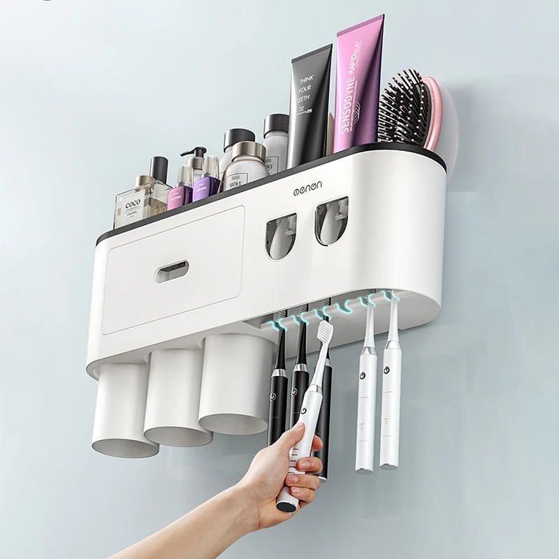 Wall-Mounted Toothbrush Holder with Dispenser: Punch-Free Bathroom Storage for Home - Waterproof Bathroom Accessories