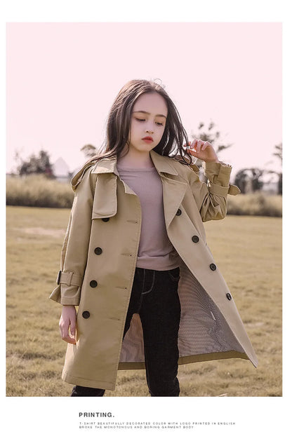 Teen Girls Long Trench Coat for Ages 4-13 - New Fashion England Style Windbreaker Jacket, Spring/Autumn Children's Clothing