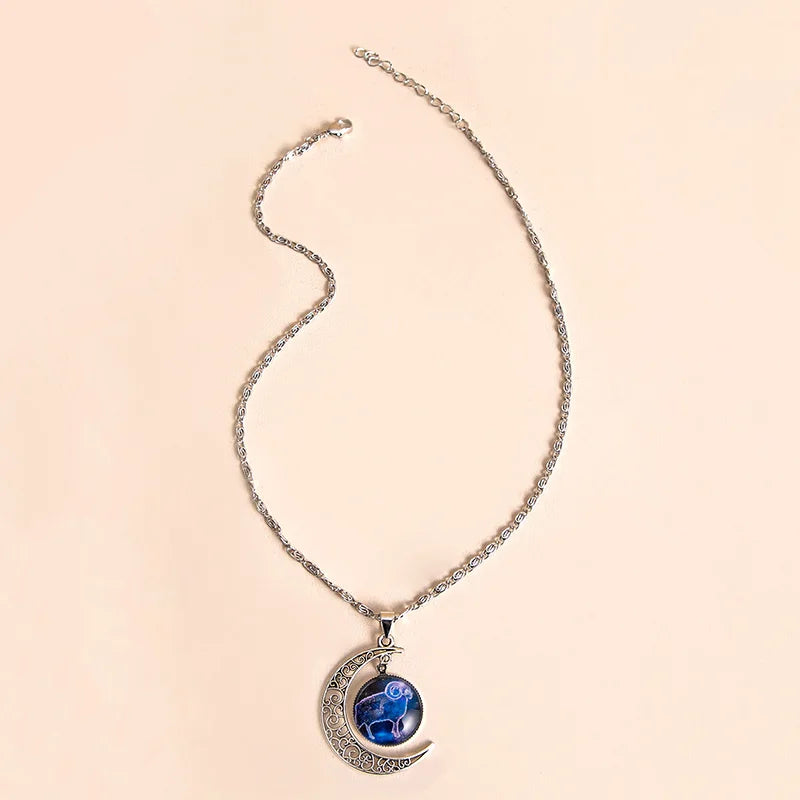 Vintage Zodiac Sign Moon Pendant Necklaces - Galaxy Star Glass with Gift Cards, 12 Signs Available