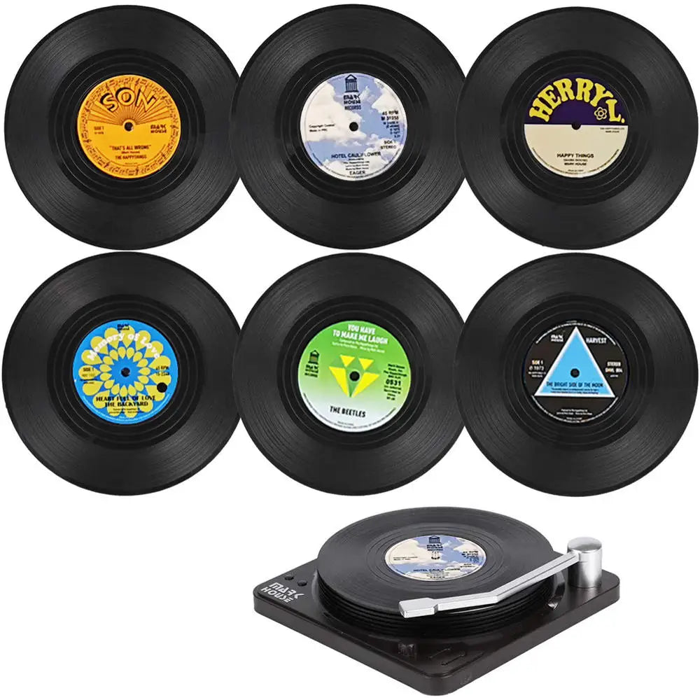 Set of 6 Vinyl Coasters – Retro Music Coasters with Vinyl Record Player Holder | Creative Record Disk Mug Pad Mat for Drinks