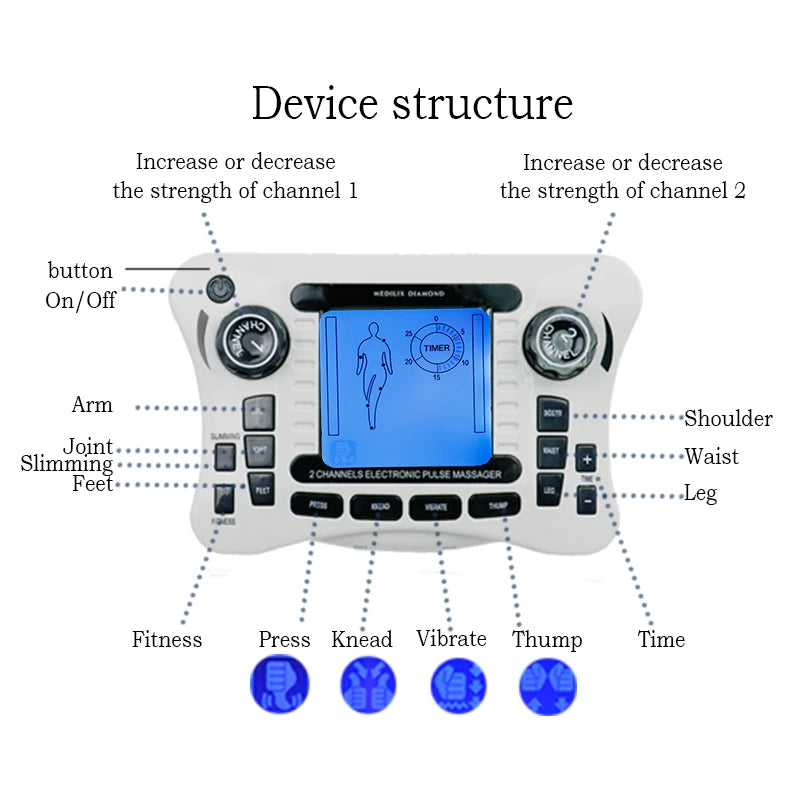 12 Modes Electrical TENS Pulse Massager: EMS Muscle Stimulator for Acupuncture & Physiotherapy - Digital Frequency Fat Burner Machine