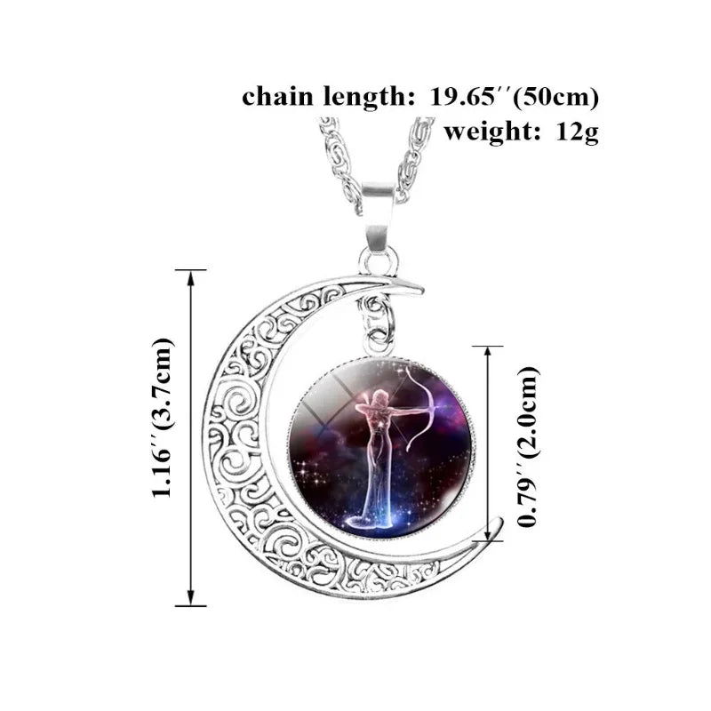 Vintage Zodiac Sign Moon Pendant Necklaces - Galaxy Star Glass with Gift Cards, 12 Signs Available