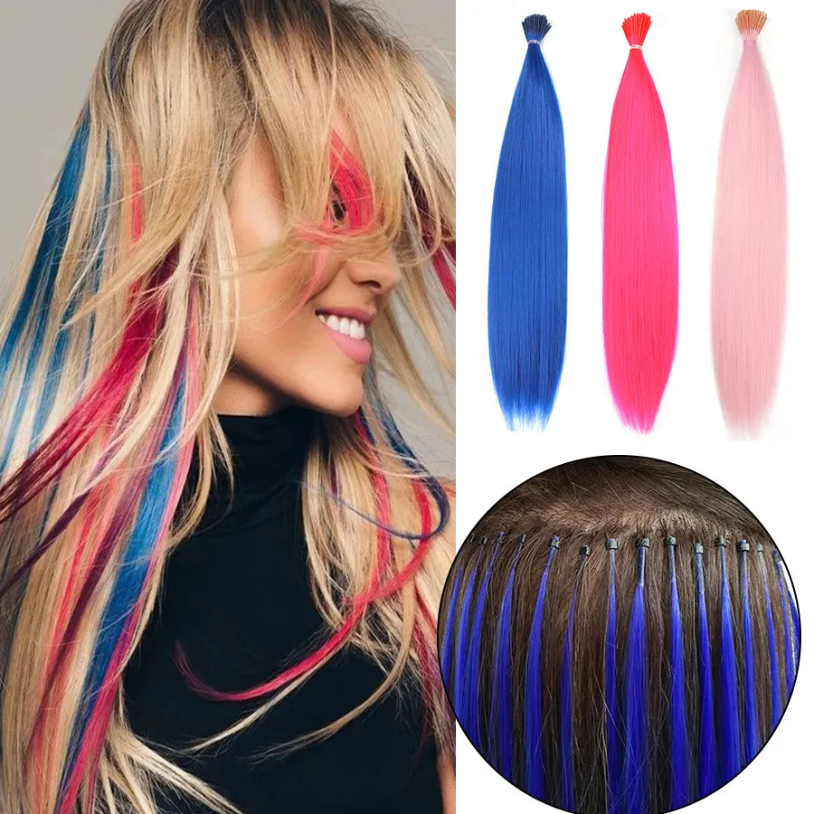 Rainbow Synthetic Hair Extensions: Colored Kanekalon I-Tip Keratin Fusion for Hair Strands, Pieces, and Extensions