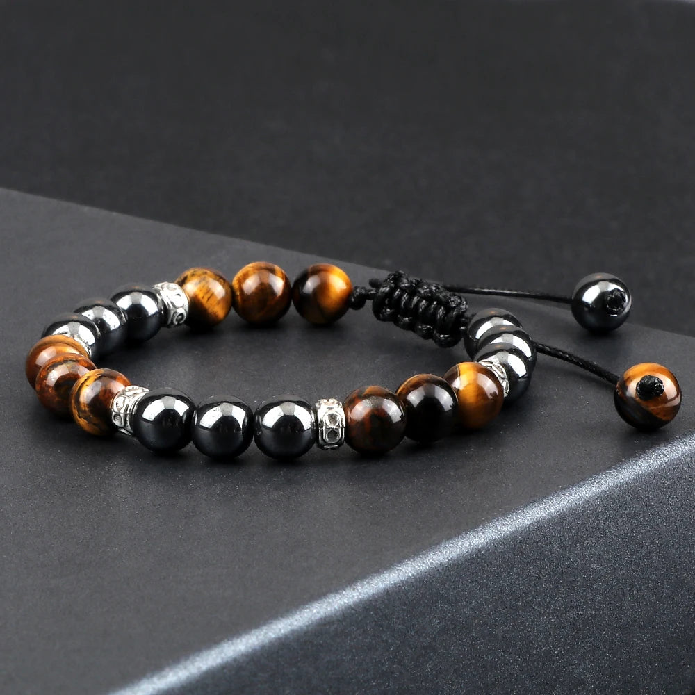 Classic Hematite Bead Bracelet - 8mm Natural Tiger Eye and Lava Stone, Handmade Jewelry for Men and Women, Friendship Gift