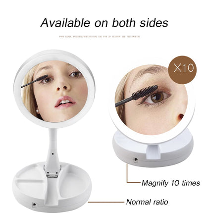 Portable Folding LED Makeup Mirror - 1x/10x Magnifying, Double-Sided, USB or Battery Operated, 270° Rotation