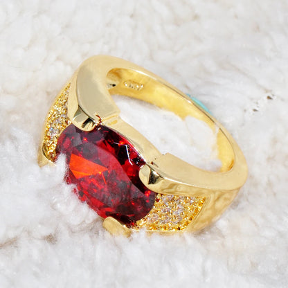 Luxury Oval Zircon Engagement Ring - Red Crystal Stone, 18KT Yellow Gold Colored Thin Wedding Ring for Men and Women