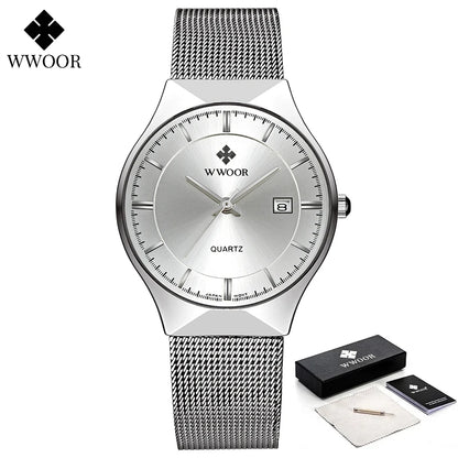 WWOOR Silver Men’s Watch – Luxury Ultra Thin Quartz, Mesh Steel, Waterproof, Date Business Wristwatch with Box