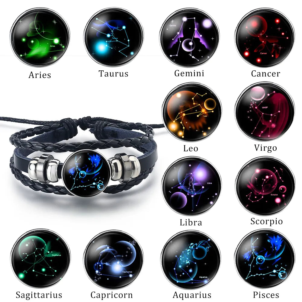 12 Zodiac Signs Constellation Bracelet - Multi-Layer Woven Leather, Trendy Accessories for Men & Women, Couple Bracelet