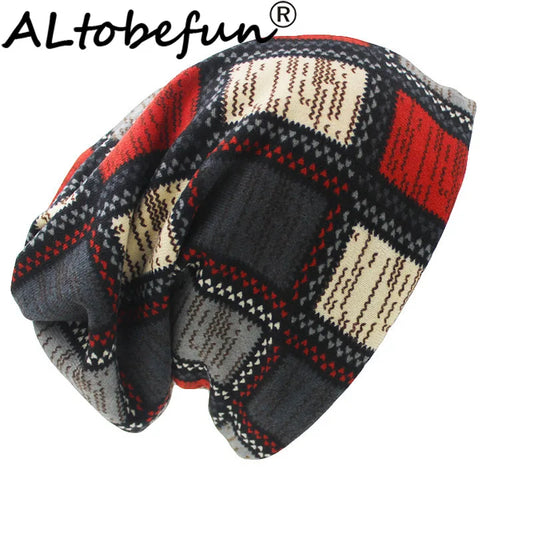 ALTOBEFUN Autumn Winter Unisex Hats - Plaid Design Contrast Color Skullies and Beanies for Men and Women, Model BHT022