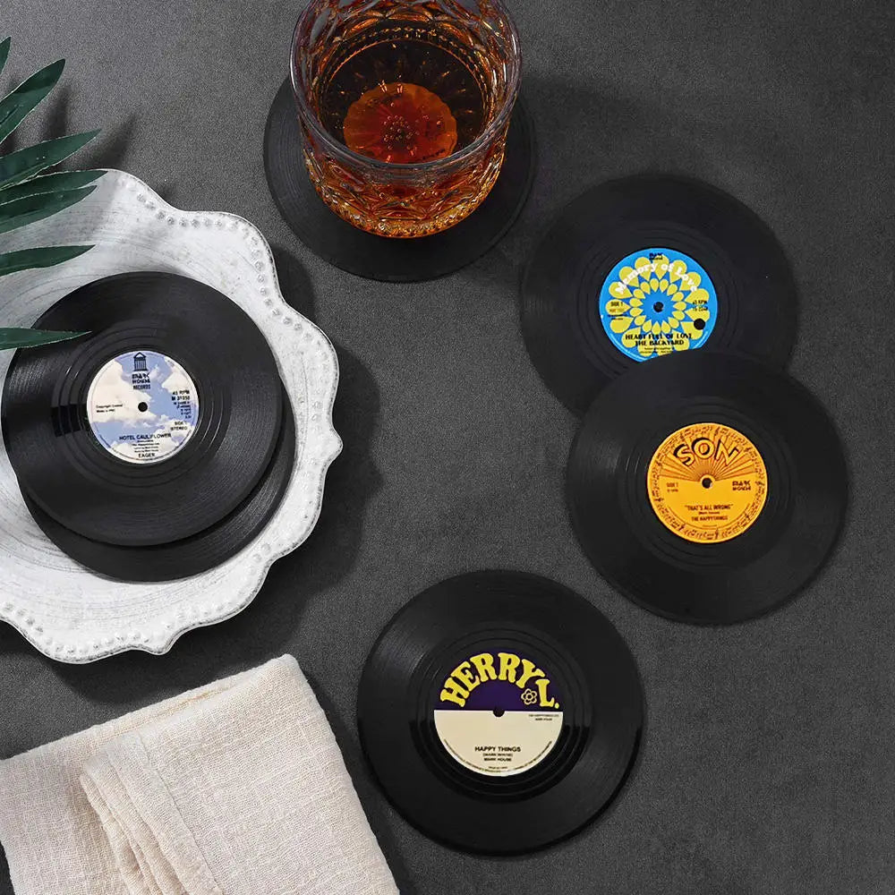 Set of 6 Vinyl Coasters – Retro Music Coasters with Vinyl Record Player Holder | Creative Record Disk Mug Pad Mat for Drinks