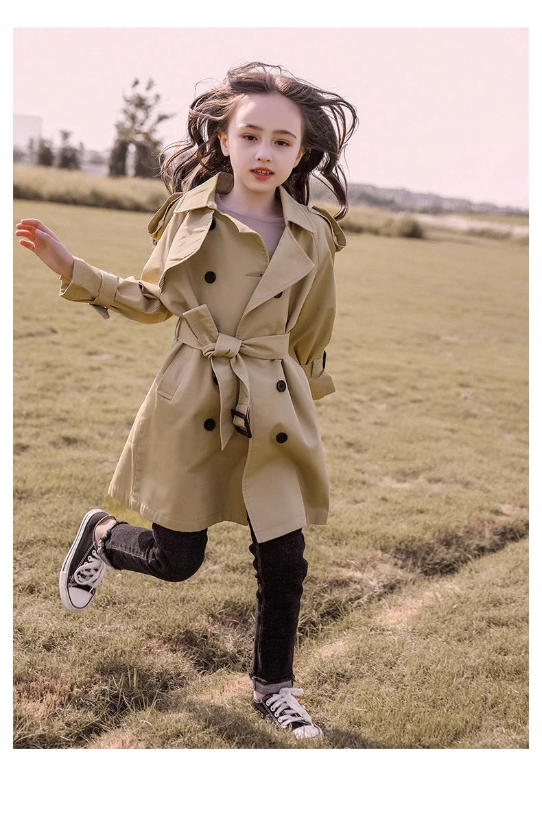 Teen Girls Long Trench Coat for Ages 4-13 - New Fashion England Style Windbreaker Jacket, Spring/Autumn Children's Clothing