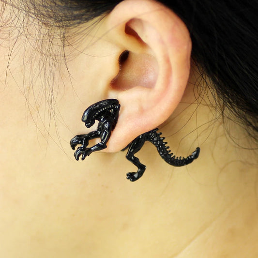 Cool Alien Earrings - Black Enamel 3D Stud Earrings for Women, Scary Dinosaur Animal Piercing Jewelry Gift