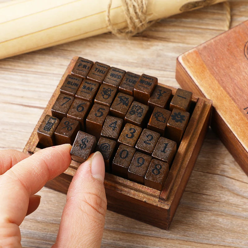 Yoofun 28pcs Vintage Wooden Alphabet Stamps: Rubber Letter Stamp Set for Craft, Card Making, Scrapbooking