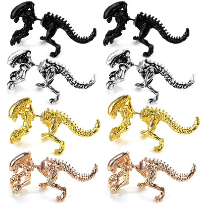 Cool Alien Earrings - Black Enamel 3D Stud Earrings for Women, Scary Dinosaur Animal Piercing Jewelry Gift